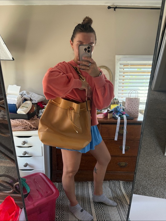 Vince Camuto Handbags - Vince Camuto Perforated Drawstring Shoulder Bag - Mustard Tan
